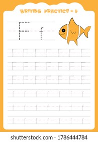 F writing practice for kids. Cartoon Illustration of fish. Preschool educational alphabet writing practice for kids. Writing book pages for kids. Uppercase and lowercase alphabet writing practice.