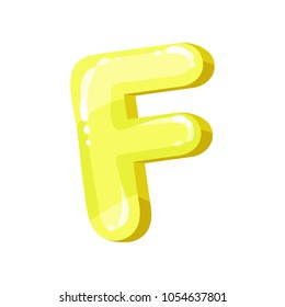 F yellow glossy bright English letter, kids font vector Illustration on a white background