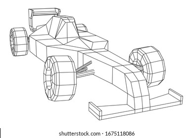 F1 car bolide formula one speed concept. Wireframe low poly mesh vector illustration.