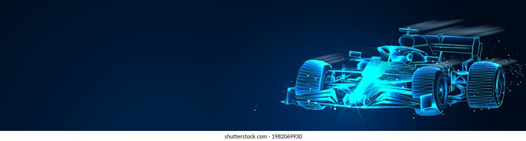 F1. Formula One on blue background. Fast motion concept. Abstract low poly vector 3d F1. Success in competition, rase winner, business win concept. Auto sport, fast automobile symbol