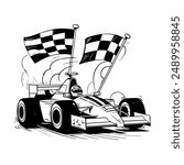 F1 racing car with finish checkered Flag Illustration. Black and white illustration.