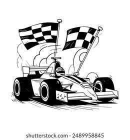 F1 racing car with finish checkered Flag Illustration. Black and white illustration.