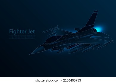 F-16 Fighting Falcon multirole fighter aircraft vector illustration. F16 Fighter Jet. Military attack aircraft with blue lights isolated on dark background. 