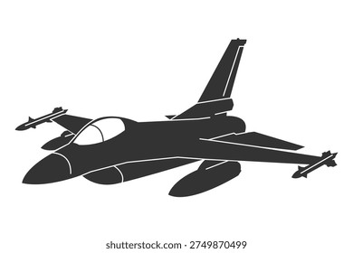 F16 jet silhouette shown in an angled isometric composition. Clean monochrome vector illustration using black and white palette. Modern american modern combat aircraft.