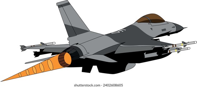 F-16 Military Multi-Role Fighter Jet Afterburner Take Off with Air to Air Ladout - Vector Drawing