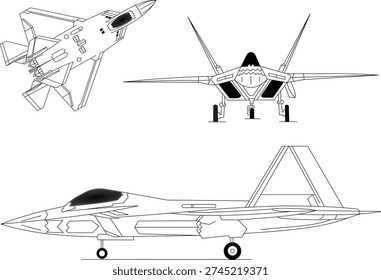 F22 Fighter Jet Lockheed Lightning II Top, Side and Cross View Profile Sections Bundle Illustration Design