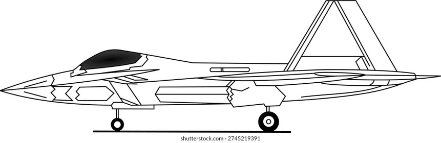 F22 Fighter Jet Lockheed Lightning II Sideview Profile Section Illustration Design