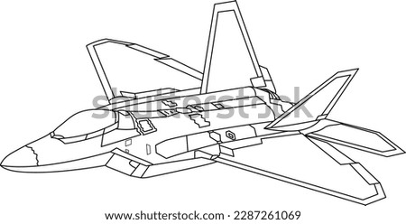 F-22 Raptor Aircraft Outline Illustration. Military Airplane Coloring Book. Black And White Fighter Jet Drawing Line Art Vector. War Plane Contour Sketch