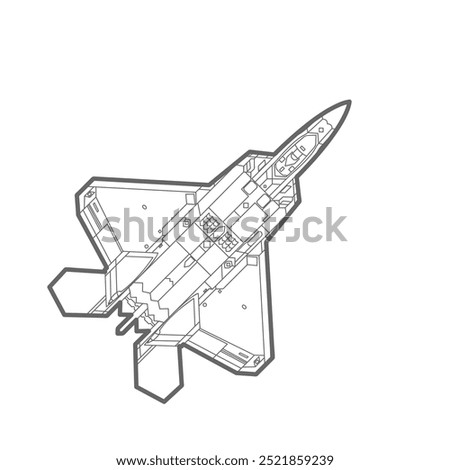 F-22 Raptor Aircraft Outline Illustration. Maket icon. F-22 Raptor Aircraft Outline Illustration. Black And White Fighter Jet Drawing Line Art Vector. War Plane Contour Sketch.