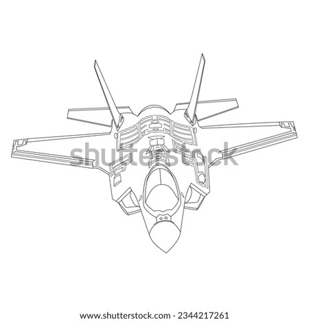 F-35 Lightning II Outline Illustration. Fighter Jet F35 Coloring Book For Children And Adults. Military Aircraft Vector. Cartoon Airplane Isolated on White Background. Plane Drawing Line Art Vector