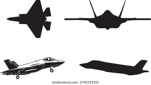F-35 Lightning II Stealth Fighter Military Combat Jet Silhouette Vector Set – EPS10 Isolated on Transparent Background