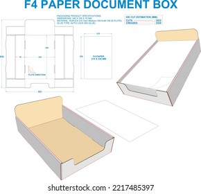 F4 Paper Document Box. Material: E-Flute. Dimensions: 340 X 235 X 70 MM (Eps file scale 1:1). 2D: Real illustrations. 3D Box: Illustration only. Equipped die cut estimates prepared for production.