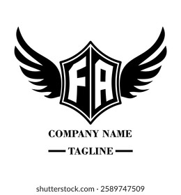 FA A bold winged shield emblem with customizable initials A-Z. Sleek black-and-white vector, perfect for branding, sports teams, motorcycle clubs, gaming,apparel and High-quality
