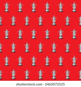 FA cup football cup silver champion trophy with shadow on red background. Vector soccer square seamless pattern.