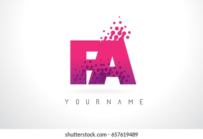 FA F A Letter Logo with Pink Letters and Purple Color Particles Dots Design.