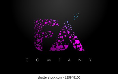 FA F A Letter Logo with Purple Blue Particles and Bubble Dots Design Vector.