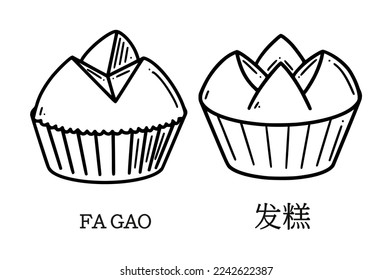 Fa gao, translation from Chinese fortune cake vector illustration. Chinese New year dessert in doodle style.