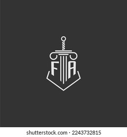 FA initial monogram law firm with sword and pillar logo design