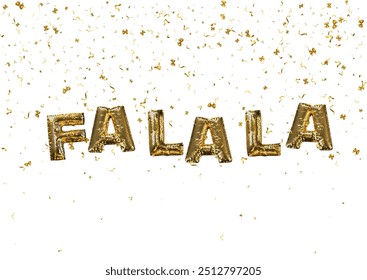 Fa la carol Schrift 3D abstrakte goldene Metallic-Pailletten mit Konfetti-Hintergrund. Einzeln auf weißem Hintergrund. Vektorgrafik EPS10. Frohes neues Jahr Konzept Grußkarte, Banner.