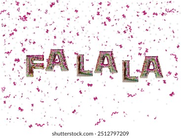 Fa la la carol lettering 3d abstract golden metallic sequins with  confetti background. Isolated on the white backdrop. Vector holiday illustration EPS10. Happy New Year concept greeting card, banner.