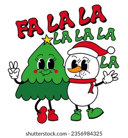 Fa la la -  Happy winter illustration with Christmas tree and snowman. Funny retro Christmas greeting card with vintage cartoon tree character in groovy 70s retro style.