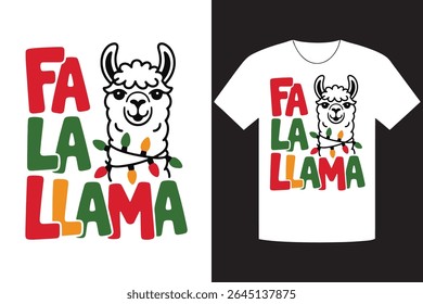 Fa La Llama design printed on white t-shirt mockup, showcasing a festive llama graphic wrapped in string Christmas lights in vector format, isolated on monochrome backdrop.