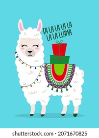 Fa la la la la Llama - funny Llama on the back of the gifts. Llama doodle draw for print. Adorable poster for Xmas party, good for t shirts gift, mug or other print design. Winter Pajama decoration.