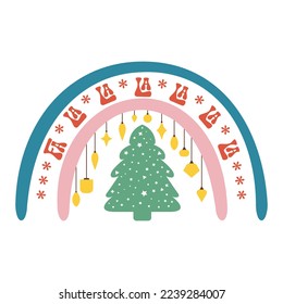 Fa La La La Merry Christmas with xmas tree and Rainbow. Christmas vector Illustration, Vintage Christmas Vector Design
