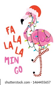 Fa la la la min go - Calligraphy phrase for Christmas with cute flamingo girl. Hand drawn lettering for Xmas greetings cards, invitations. Good for t-shirt, mug, scrap booking, gift.