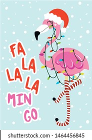 Fa la la la min go - Calligraphy phrase for Christmas with cute flamingo girl. Hand drawn lettering for Xmas greetings cards, invitations. Good for t-shirt, mug, scrap booking, gift.