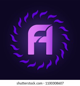 FA letters logotype design glowing in ultraviolet