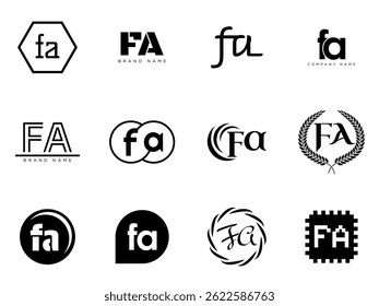 FA logo company template. Letter f and a logotype. Set different classic serif lettering and modern bold text with design elements. Initial font typography. Collection trendy business identity.