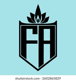 FA Logo featuring a minimalist design with a crown-like flower symbol on top, bold black elements, and a soft blue background, perfect for branding and modern visual identity.