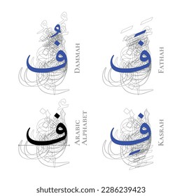 FA Vector Isolated Fathah Kasrah Dammah Vowel Arabic Alphabet Type Character Letters Script Naskh Nuqta Form Hamzah Outline Shadow Structure Overlap Background Line Path Blue Black White Gray Art