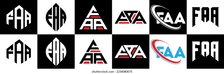Diseño del logo de la carta de la FAA en seis estilos. polígono FAA, círculo, triángulo, hexágono, estilo plano y sencillo con el logotipo de la letra de variación en color blanco y negro en un tablero. Logo de la FAA minimalista y clásico