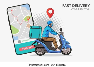 faast delivery service by scooter with courier Fast delivery man with motorcycles Pop Art Comic Style