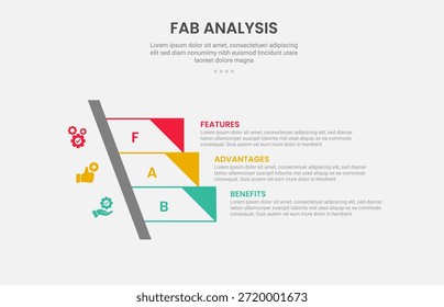 Estilo de contorno de infografía de análisis FAB con Plantilla de 3 puntos con escalera rectangular afilada con borde triangular para Vector de presentación de diapositivas