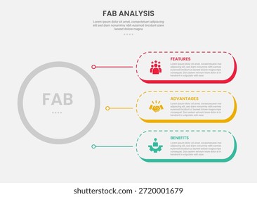 Estilo de esquema de infografía de análisis FAB con Plantilla de 3 puntos con círculo grande y conexión de línea de pila de contenedor de rectángulo redondo para Vector de presentación de diapositivas