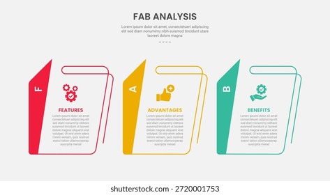 Estilo de esquema de infografía de análisis FAB con Plantilla de 3 puntos con tabla creativa con encabezado de Vertical nítido para Vector de presentación de diapositivas