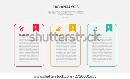 FAB analysis infographic outline style with 3 point template with round container table with bookmark header for slide presentation vector