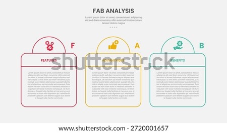 FAB analysis infographic outline style with 3 point template with creative table and half circle header for slide presentation vector