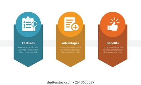 FAB analysis infographics template diagram with down arrow direction and circle top with 3 point step design for slide presentation vector