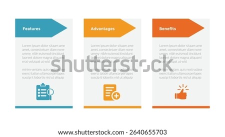 FAB analysis infographics template diagram with table and arrow header with 3 point step design for slide presentation vector