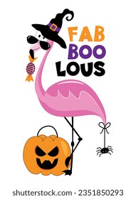 Fab Boo Lous - flamingo divertido en sombrero de bruja y con caramelos, Jack o lantren y araña. Es bueno para la impresión de camisetas, afiche, tarjeta, etiqueta y otra decoración para Halloween.