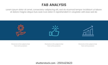 Modelo de negocio de la FAB Marco de marketing de ventas Infografía Plantilla de etapa de 3 puntos con icono en fondo Horizontal negro para presentación de diapositivas Vector