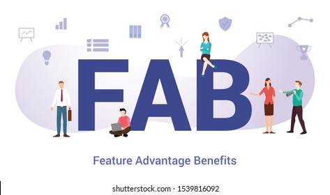 fab feature advantage benefits concept with big word or text and team people with modern flat style - vector