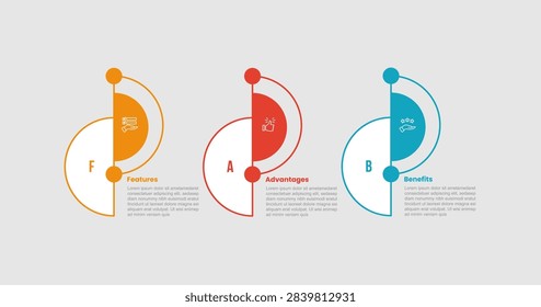 fab infographic template with three point white background outline circle yinyang split dot layout, flat style