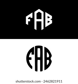 FAB letter logo design in six style. FAB polygon, circle, triangle, hexagon, flat and simple style with black and white color variation letter logo set in one artboard.