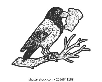 fable crow with cheese in its beak sketch engraving vector illustration. T-shirt apparel print design. Scratch board imitation. Black and white hand drawn image.