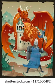 Fable illustration with dragon, medieval castle, princess and knight. Vector illustration, vertical.